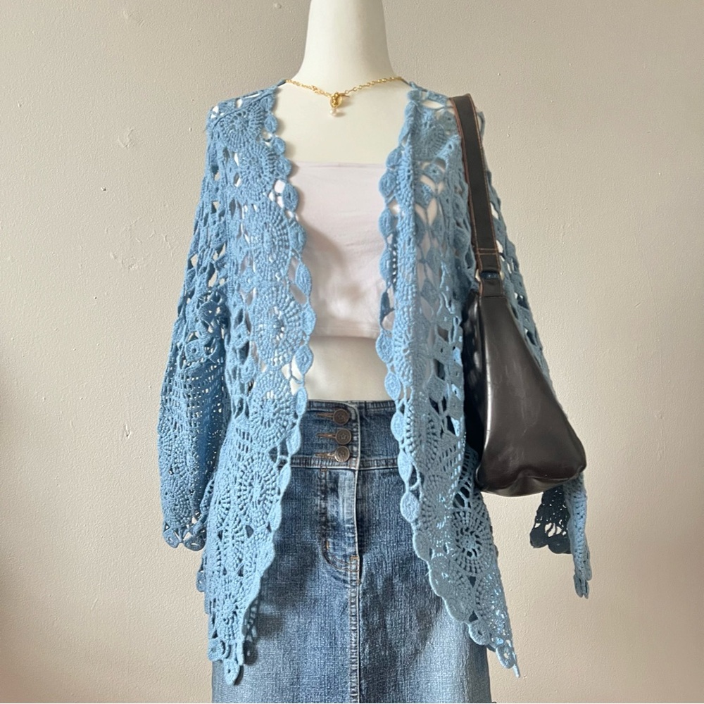 blue boho crochet knit three-quarter sleeve cardigan🌟